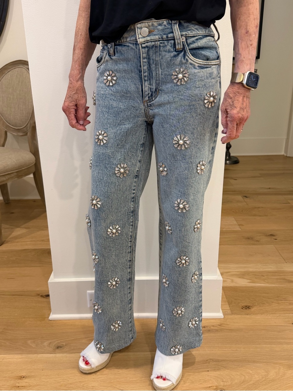 Alice + Olivia Light Blue Embellished Wide-Leg Jeans